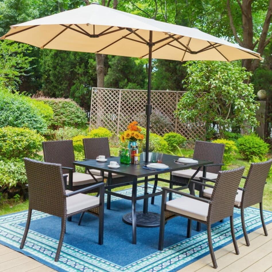MAISON ARTS Outdoor Set with 13 ft Double-Sided Umbrella, 6 Wicker Cushioned Chairs & Rectangular Table, Black, Brown & Beige