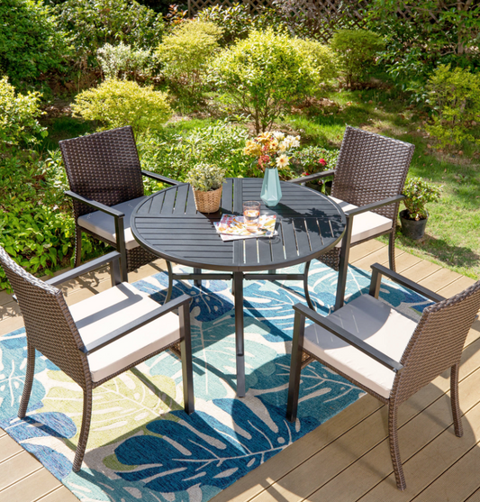 MAISON ARTS 5-Piece Outdoor Dining Set with Wicker Cushioned Chairs & 42" Round Table for 4, Black&Brown