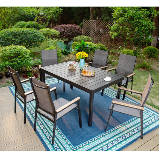 MAISON ARTS 7-Piece Outdoor Patio Dining Set, Modern Aluminum Stackable Textilene Armchairs with Wood-like Arms & Large Extendable Table, Gray & Black