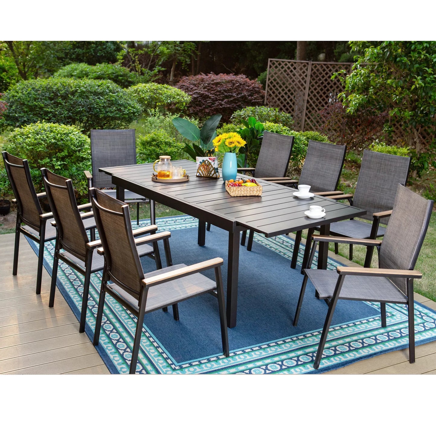 MAISON ARTS 9-Piece Outdoor Patio Dining Set, Modern Aluminum Stackable Textilene Armchairs with Wood-like Arms & Large Extendable Patio Table, Gray & Black