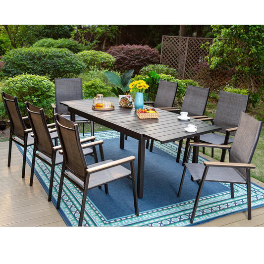 MAISON ARTS 9-Piece Outdoor Patio Dining Set, Modern Aluminum Stackable Textilene Armchairs with Wood-like Arms & Large Extendable Patio Table, Gray & Black