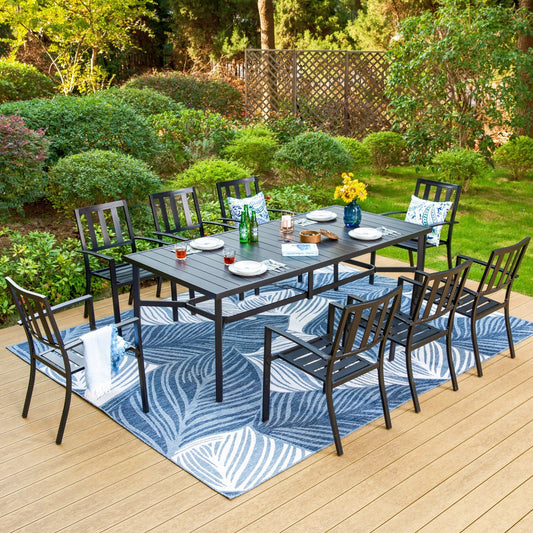 MAISON ARTS 9-Piece Outdoor Patio Dining Set with 8-Person Table & Stacking Chairs, Vertical Slats Pattern, Black