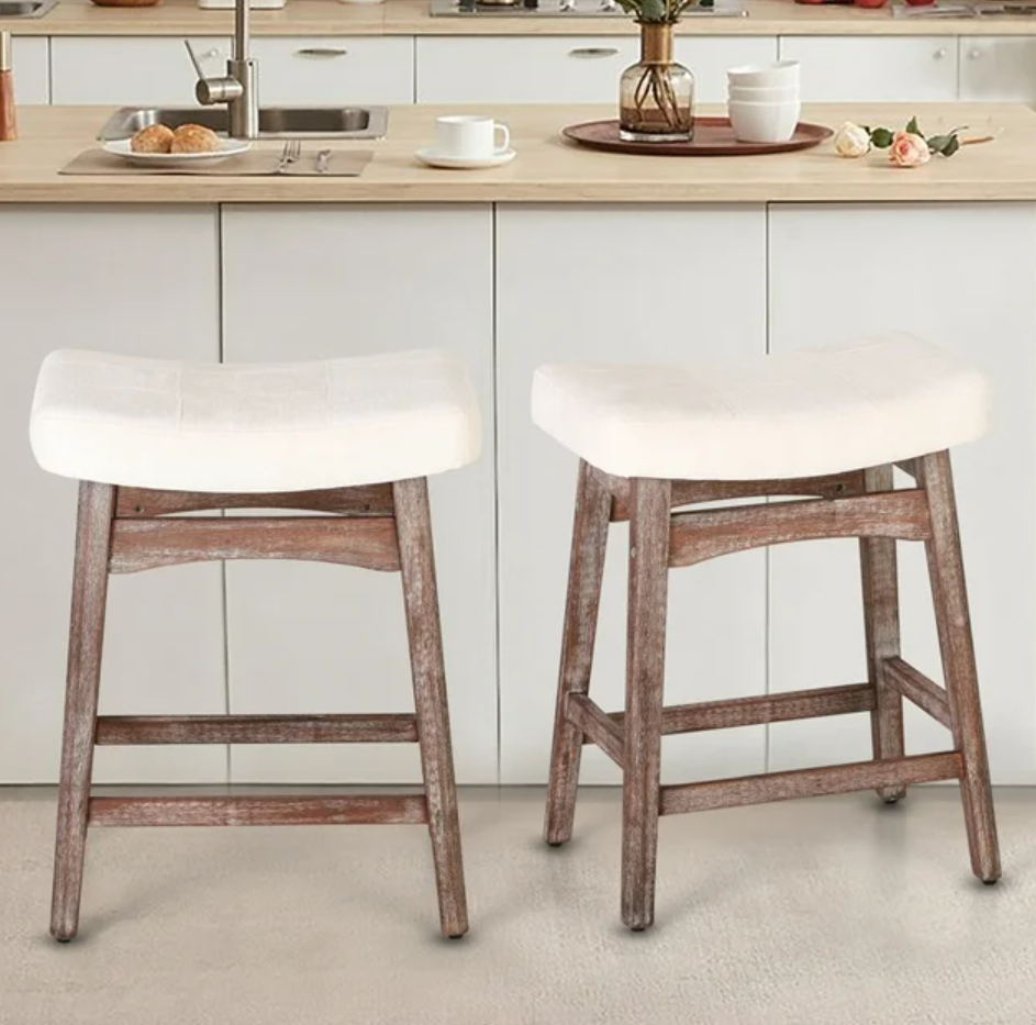 MAISON ARTS Pieces 24 inch Wooden Saddle Bar Stools for Kitchen, Linen Backless Counter Height Stool, White