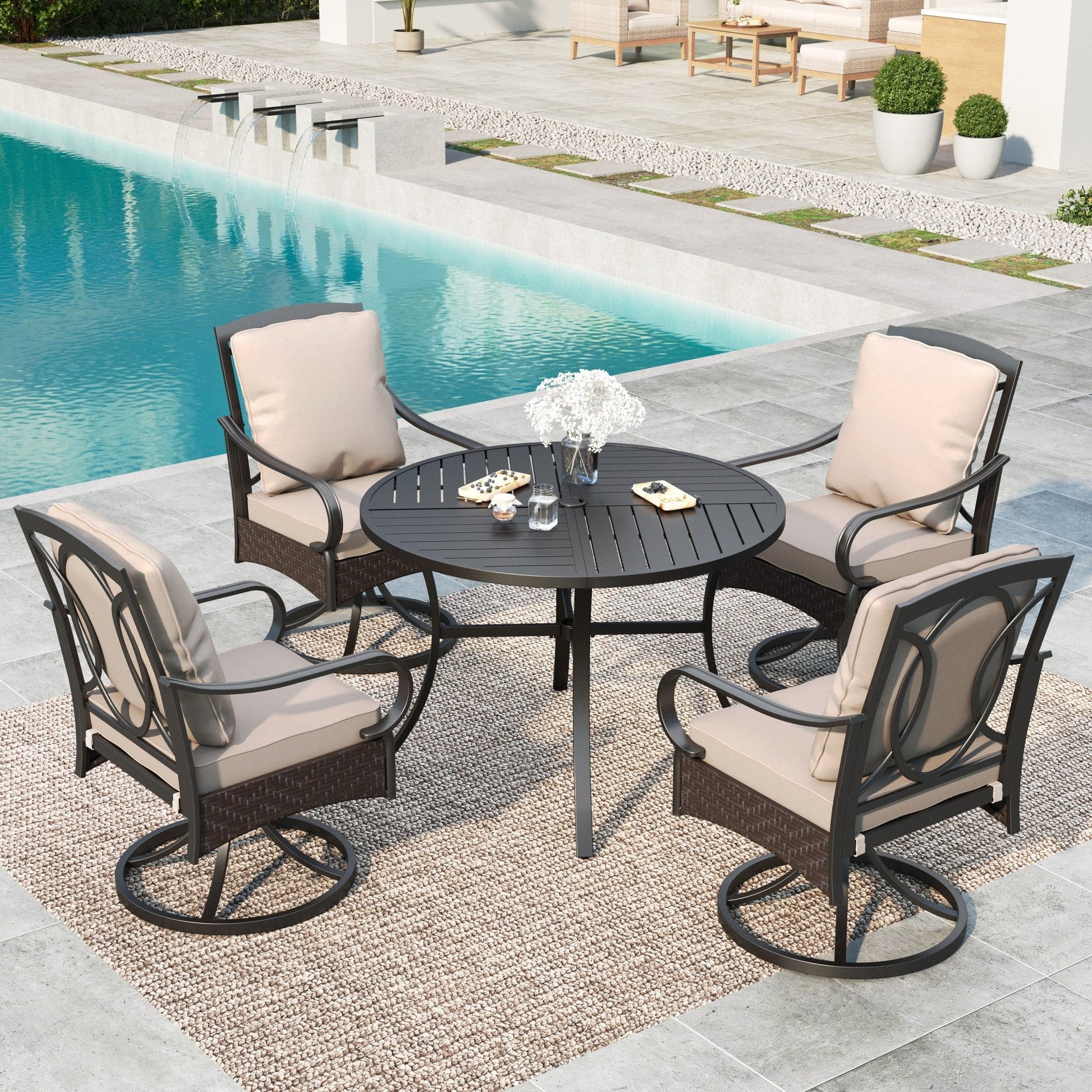 MAISON ARTS 4-Person Outdoor Patio Dining Set, Wicker Swivel Chairs with Seat Back Cushions Round Table, Black Beige