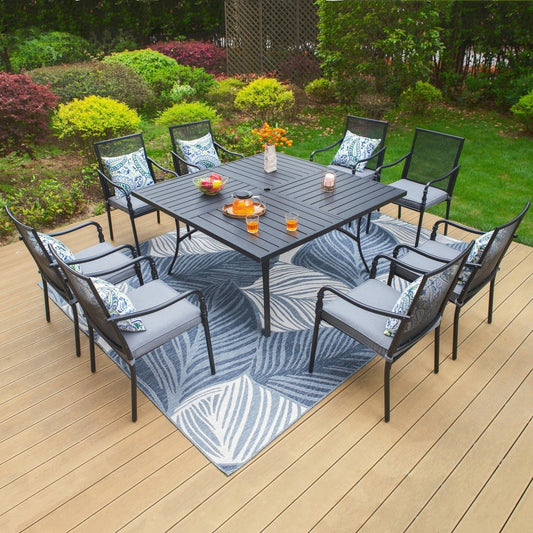 MAISON ARTS 9-Piece Outdoor Dining Set, 8 PCS Steel Mesh Chairs with Cushions & 1 Large Square Table with Umbrella Hole, Black & Gray