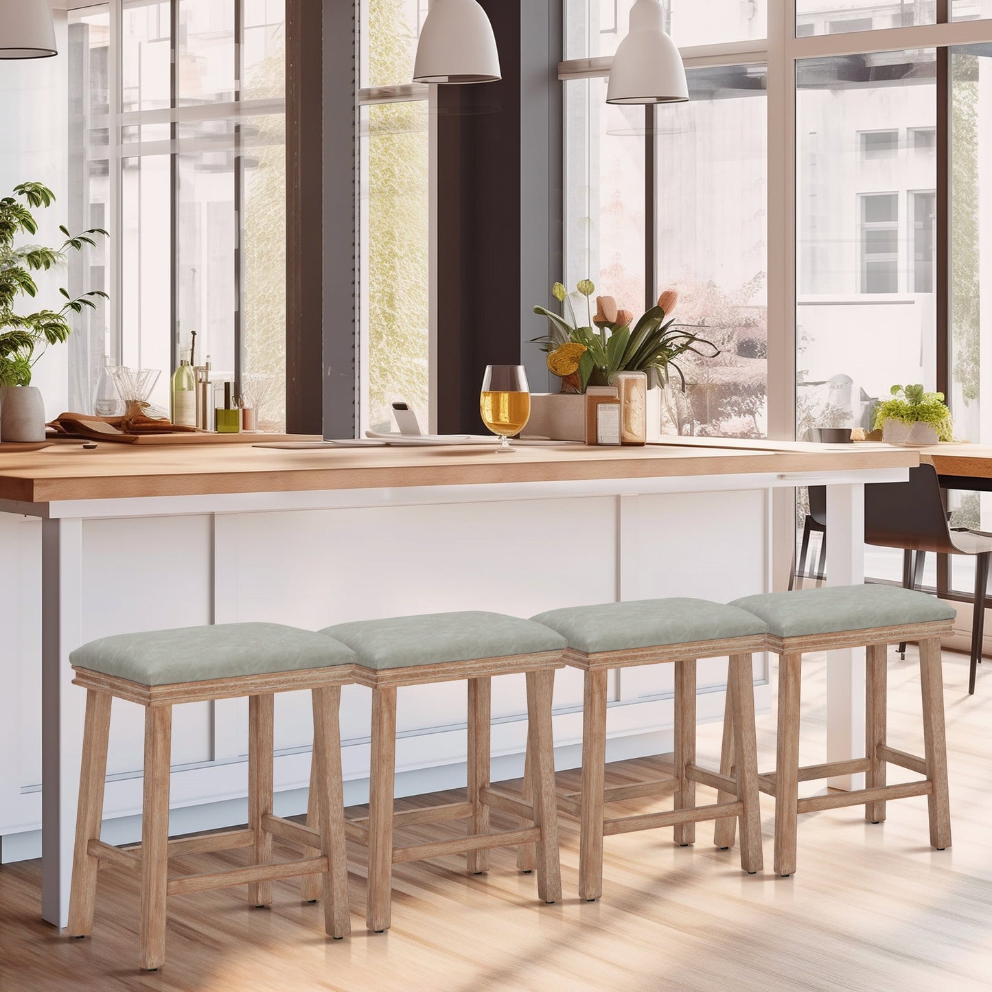MAISON ARTS 24" Wood Backless Counter Height Bar Stools with Padded Seat for Kitchen Island, Set of 4, Gray