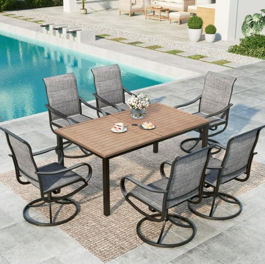 MAISON ARTS 7-Piece Outdoor Dining Set with High-Back Swivel Padded Chairs & Wood-Like Table for 6, Black & Brown-Gray