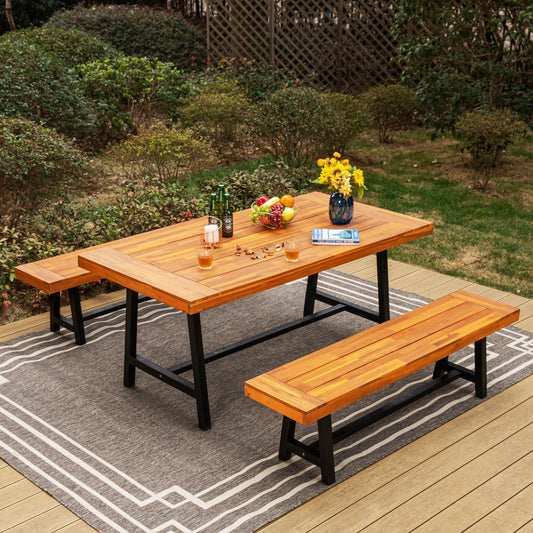 MAISON ARTS Set of 3 Patio Wood Garden Bench Set Outdoor Dining Set with 1 Acacia Table and 2 Pieces Bench Chairs Suitable for 4 People
