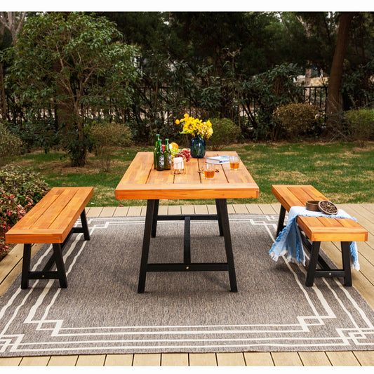 MAISON ARTS Set of 3 Patio Wood Garden Bench Set Outdoor Dining Set with 1 Acacia Table and 2 Pieces Bench Chairs Suitable for 4 People, Steel Frame & Wood