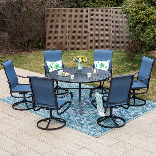 MAISON ARTS 7-Piece Metal Outdoor Patio Dining Set, 6 Swivel Textilene Chairs and 54" Round Table with Umbrella Hole for 6, Black & Blue