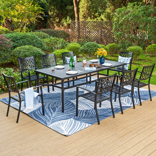 MAISON ARTS 9-Piece Outdoor Patio Dining Set with 8-Person Table & Stacking Chairs, Mesh Pattern, Black
