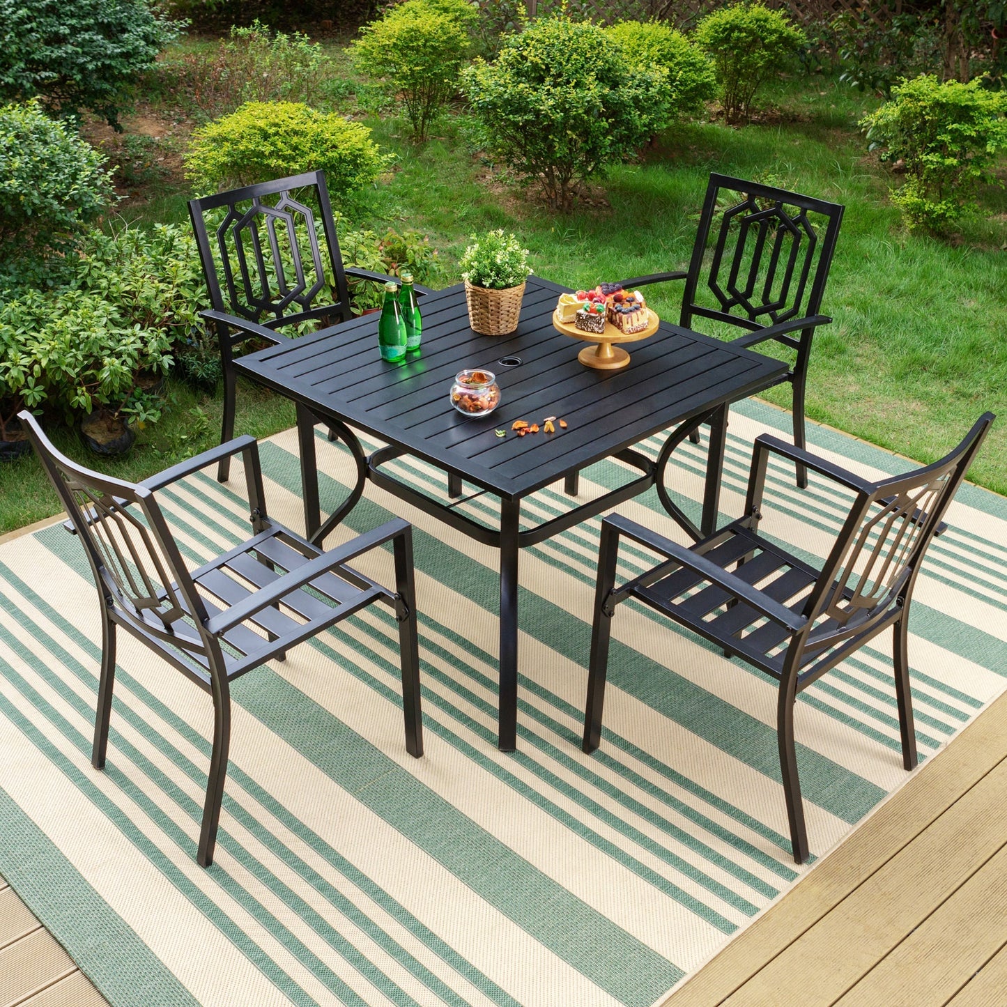 MAISON ARTS 5-Piece Outdoor Patio Dining Set with Stacking Chairs, All-Weather Metal Furniture Set, Umbrella Support, Black