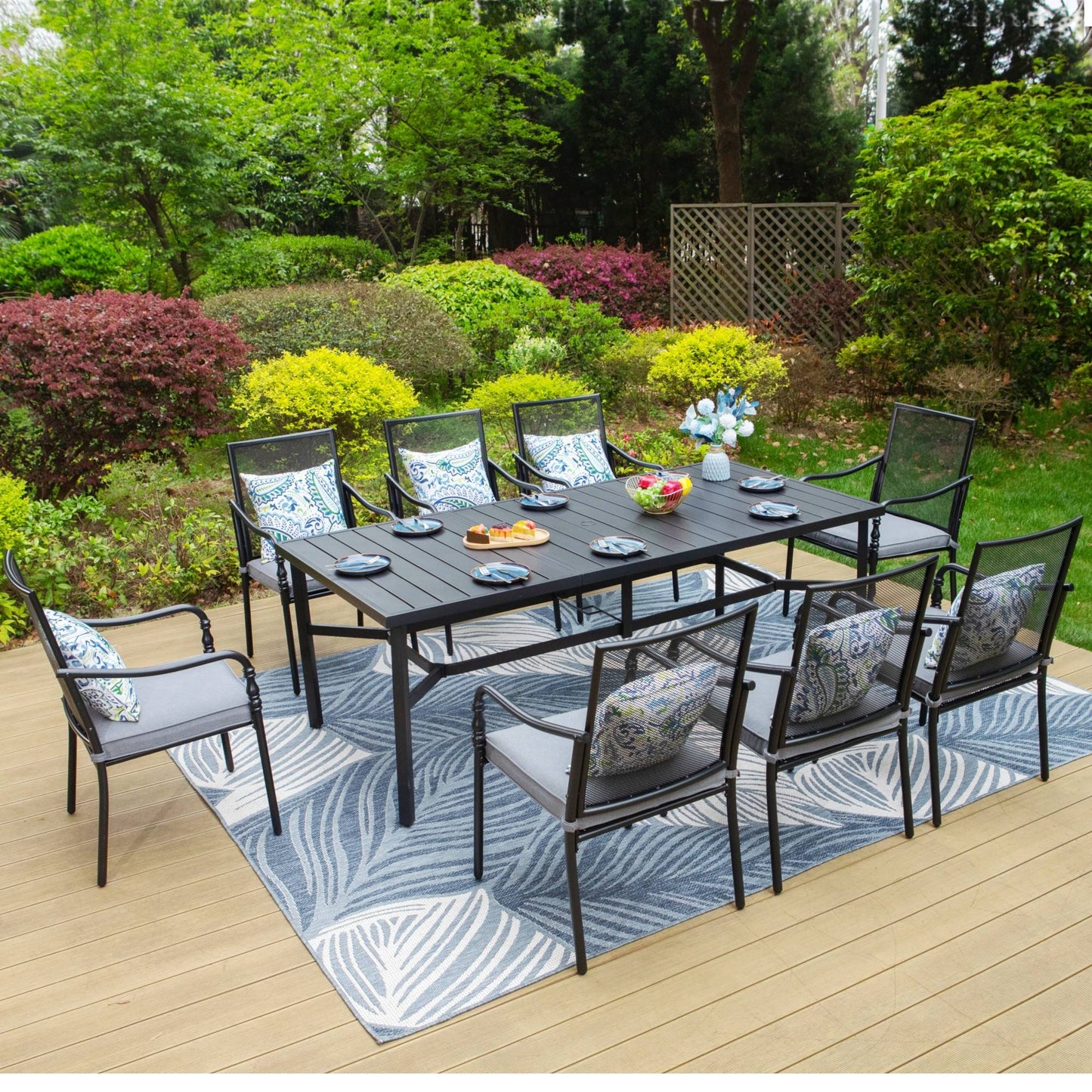 MAISON ARTS 9-Piece Outdoor Dining Set, 8 PCS Steel Mesh Back Chairs with Cushions & 1 Large Rectangle Table with Umbrella Hole, Black & Gray