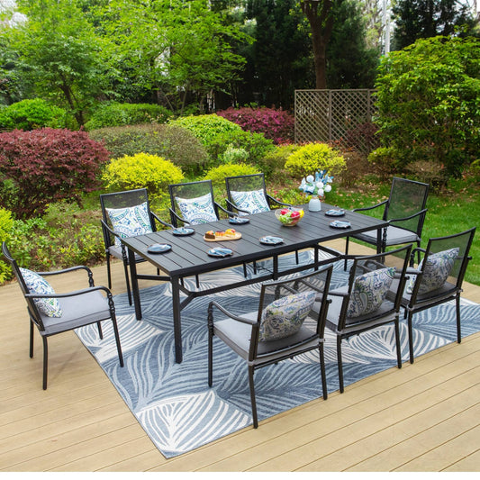MAISON ARTS 9-Piece Outdoor Dining Set, 8 PCS Steel Mesh Back Chairs with Cushions & 1 Large Rectangle Table with Umbrella Hole, Black & Gray
