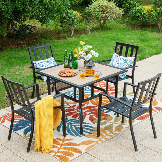 MAISON ARTS 5-Piece Outdoor Patio Dining Set with Wood-Grained Table & Stacking Chair for 4-Person, Umbrella Support, Black