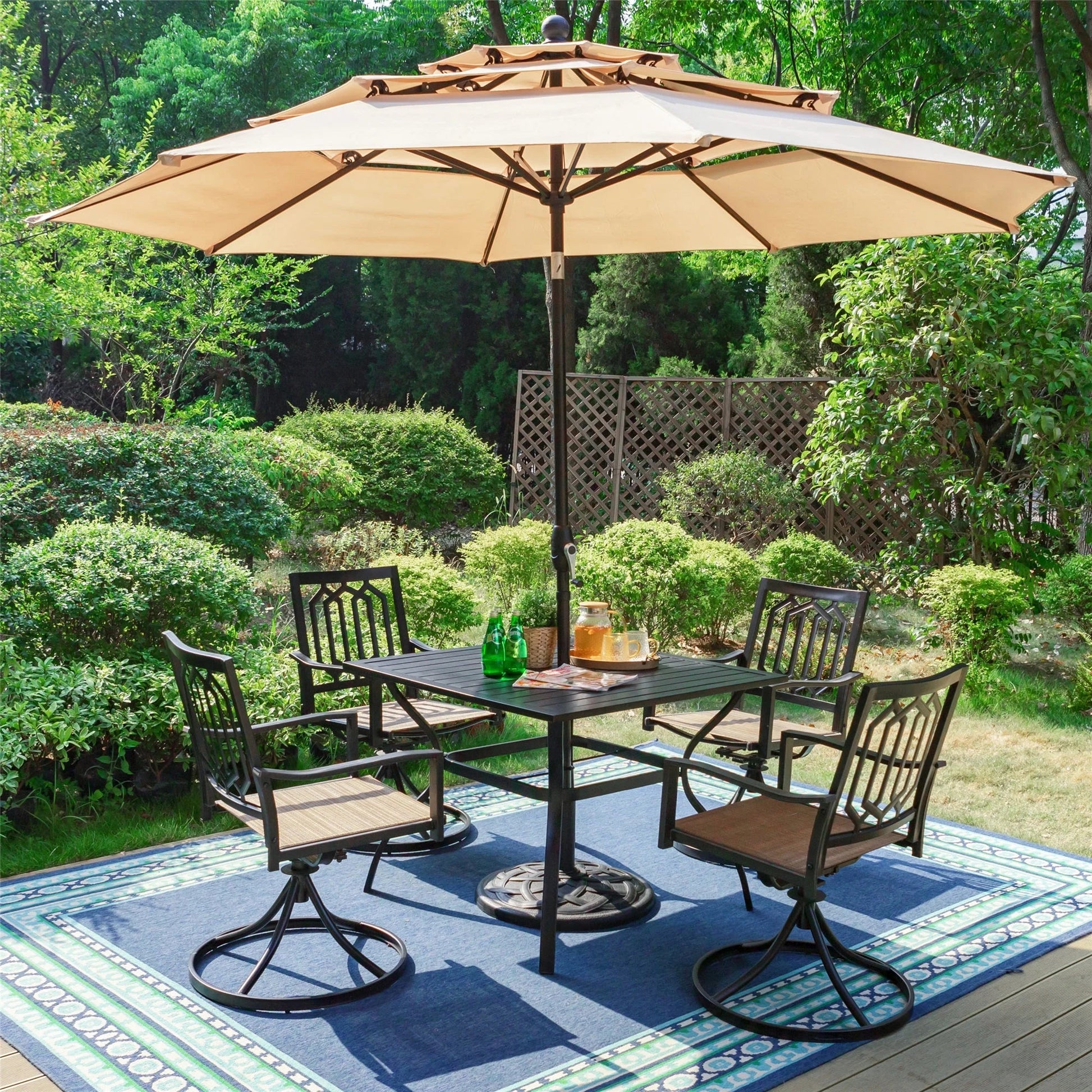 6 piece patio dining set with umbrella Lakeside 6-Piece Outdoor Garden Glass Table Furniture Chairs and Please apply wood polish oil (not included) regularly for an extended lifespan HAPPATIO 7 Piece Patio Dining