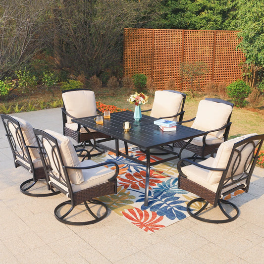 MAISON ARTS 6-People Outdoor Dining Set with Umbrella Hole, Patio Dining Set with Rectangular Steel Table & 6 Swivel Wicker Cushioned Chairs, Black & Beige