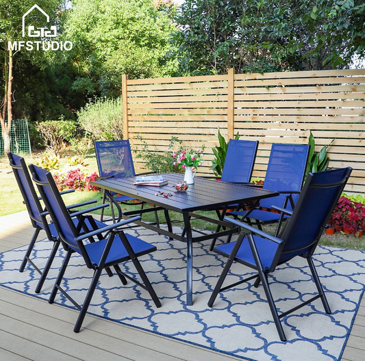 MAISON ARTS 7-Piece Patio Dining Set with Rectangle Table&Textilene Folding Chairs for 6 Persons, Blue