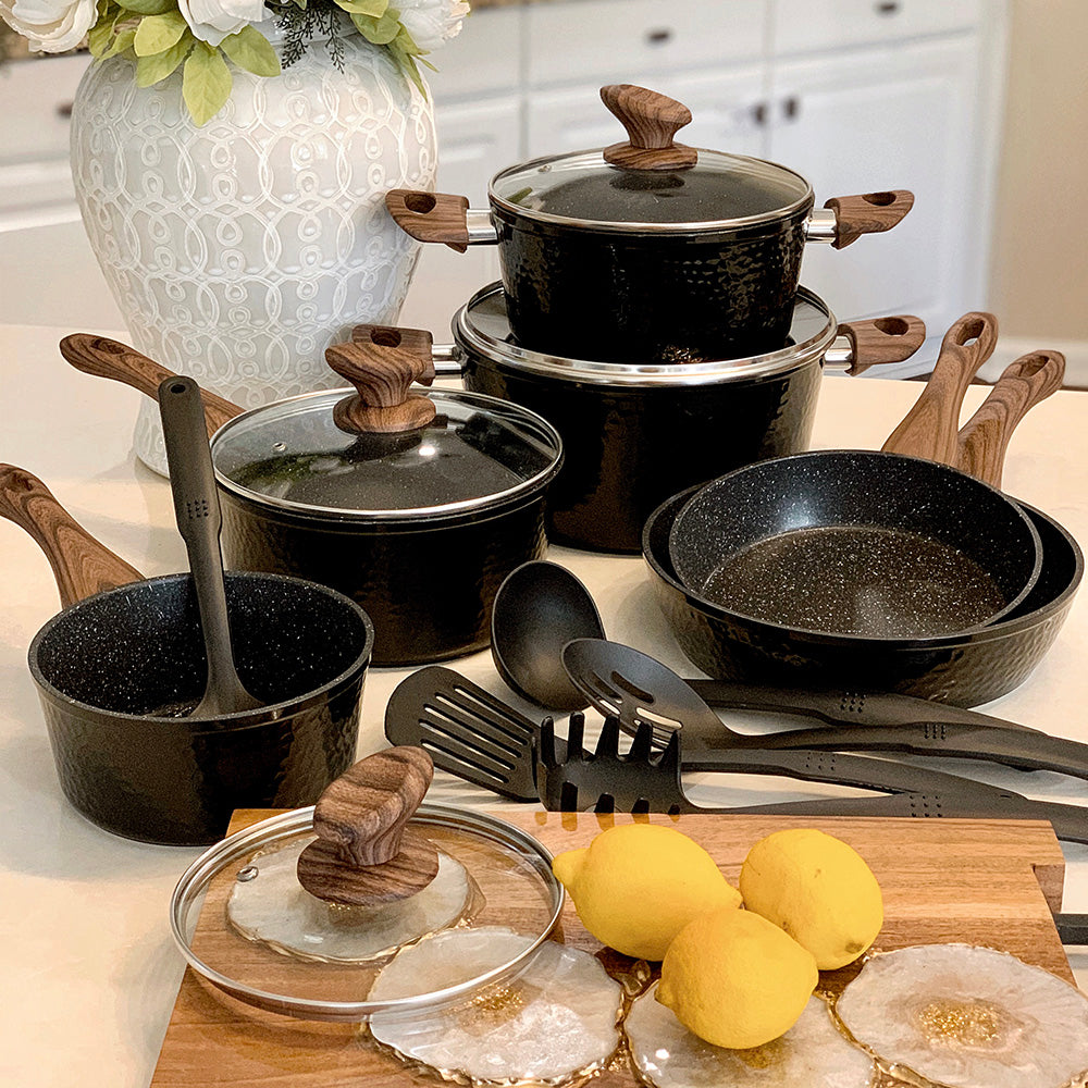 Kitchen Academy 100% PFOA Free 15 Piece Nonstick Granite-Coated Cookware Set
