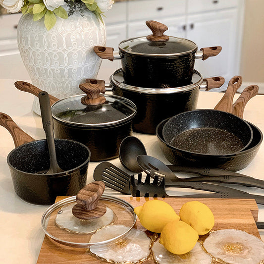 Kitchen Academy 100% PFOA Free 15 Piece Nonstick Granite-Coated Cookware Set